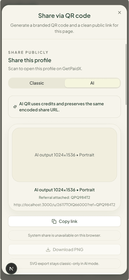 Mobile Share via QR code setup with classic and AI QR controls