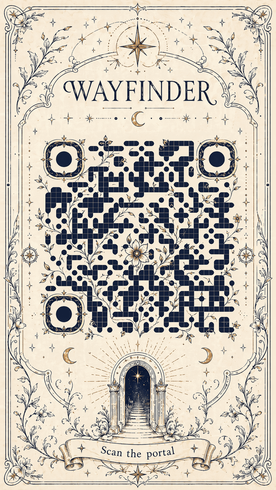 Ornate Wayfinder QR business card with botanical border artwork
