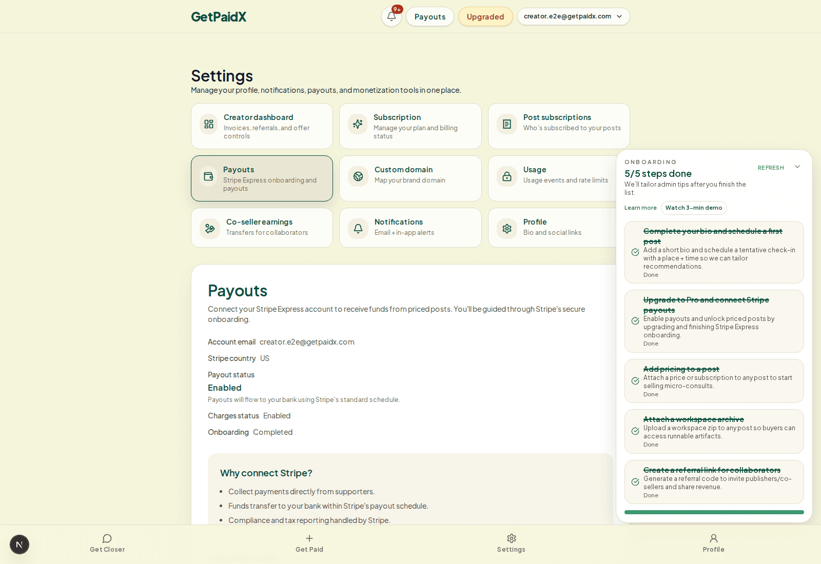 Stripe payouts screen with co-seller/referral payout setup