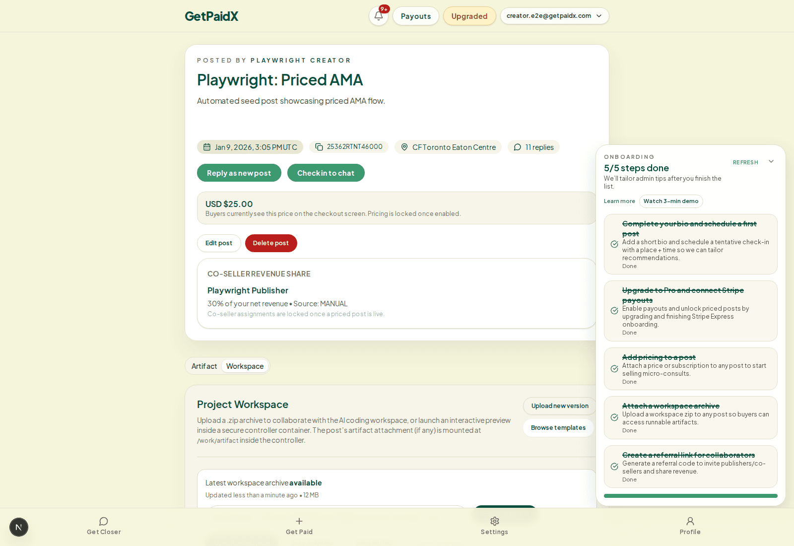 Post page showing the workspace panel with Codex and sessions