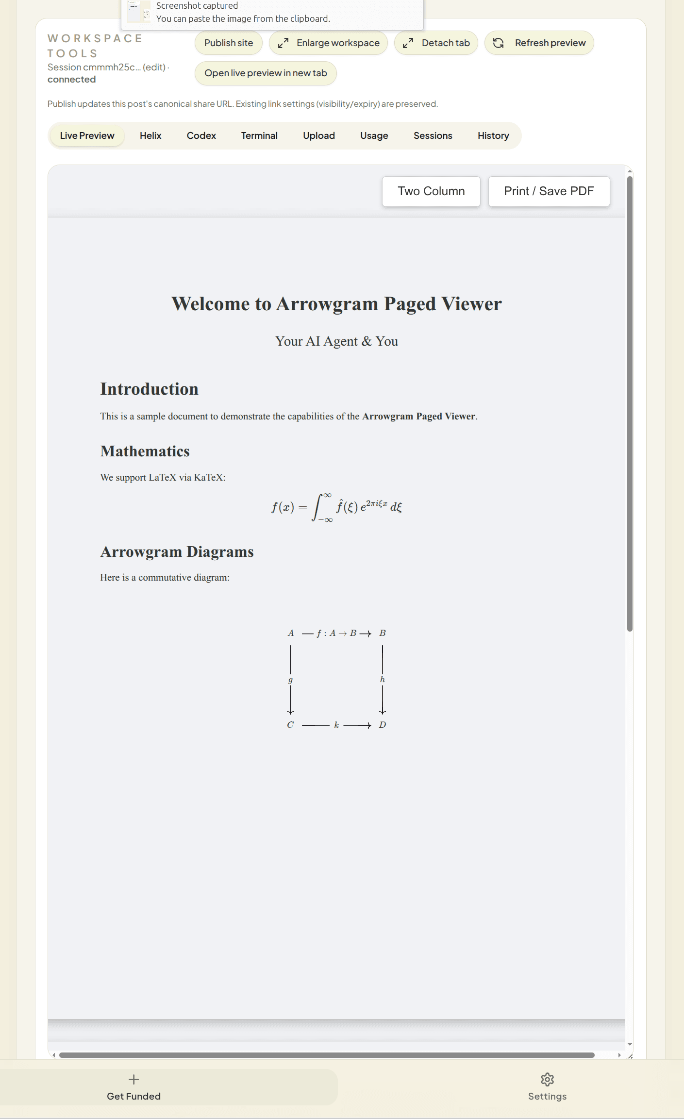 Paged Arrowgram workspace view showing a document-oriented layout derived from diagrammatic source material