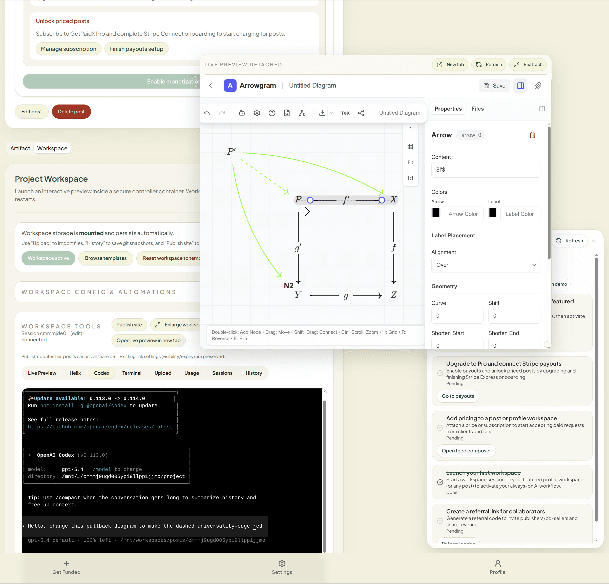 Arrowgram workspace showing a diagrammatic editing surface inside a live browser-based AI workspace