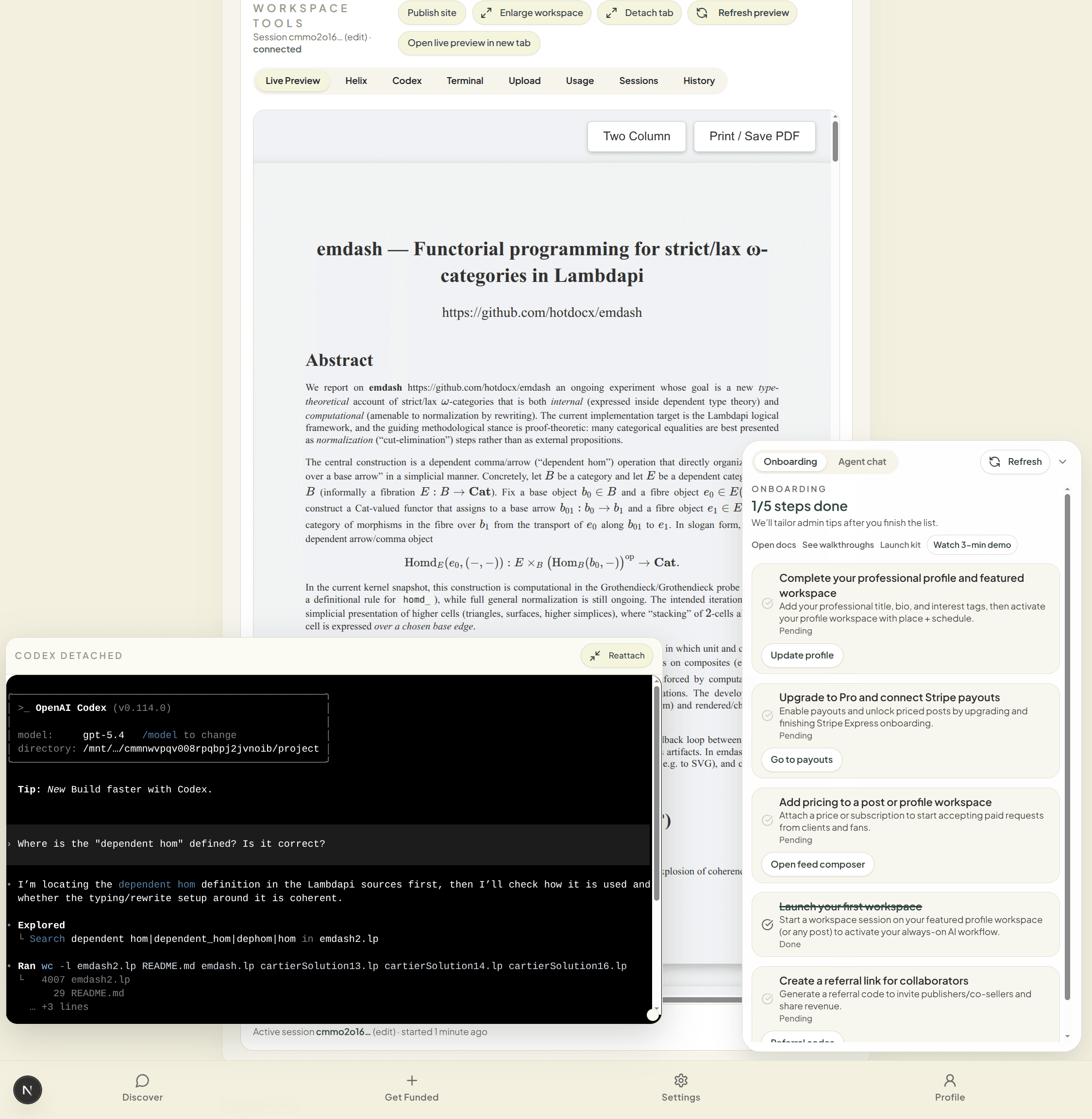 LambdaPi AI workspace template running in the browser with project files and rendered output